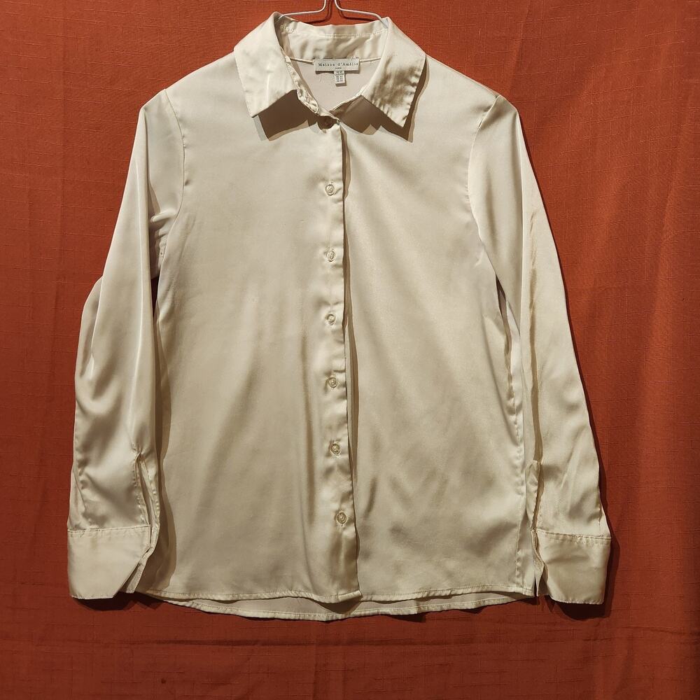 Maison D’amelie XS White Champagne Satin Button Up Shirt Long Sleeve Officecore